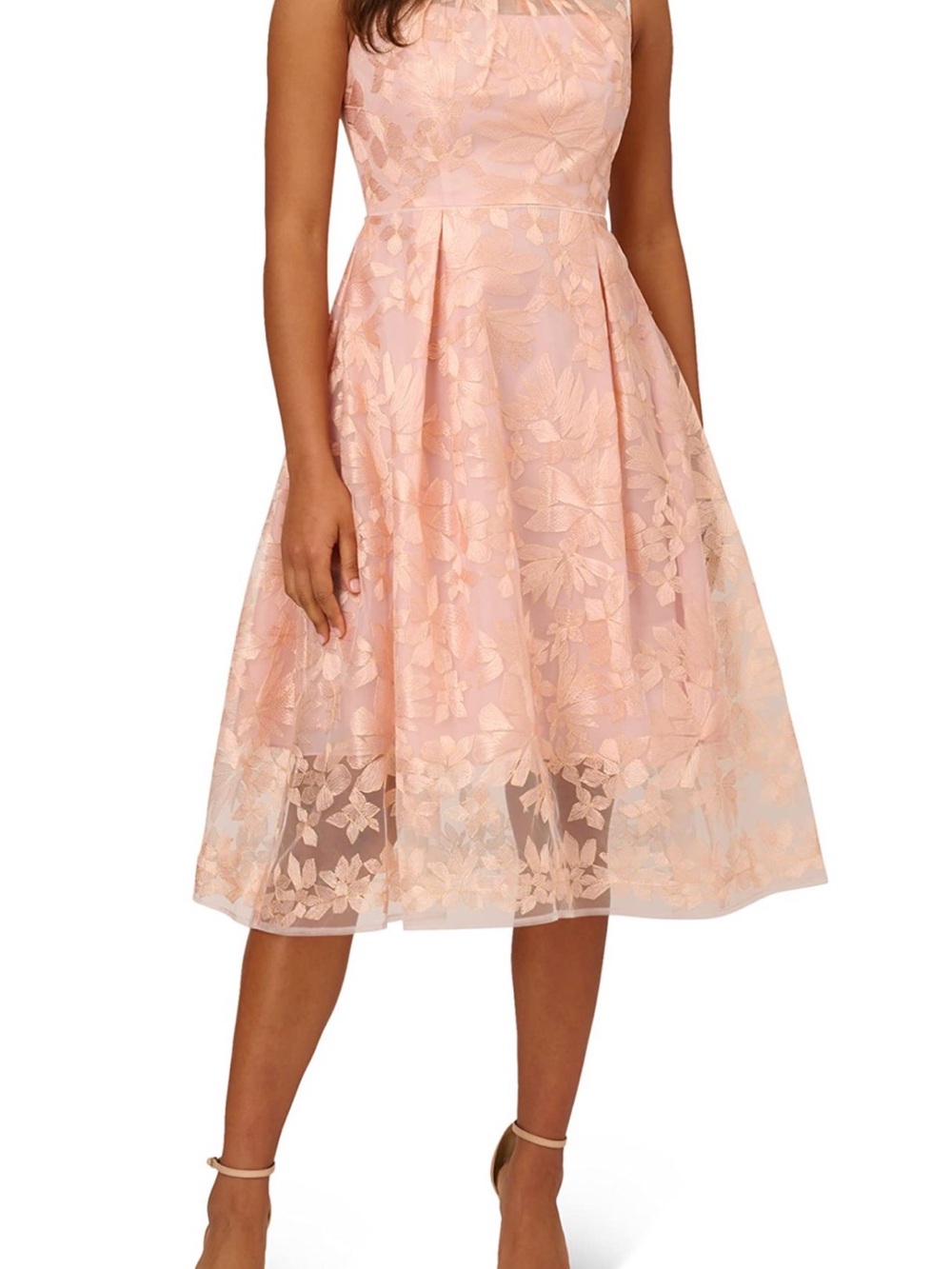 Adrianna Papell Blush and Gold Floral Lace Fit-and-Flare Dress size 6